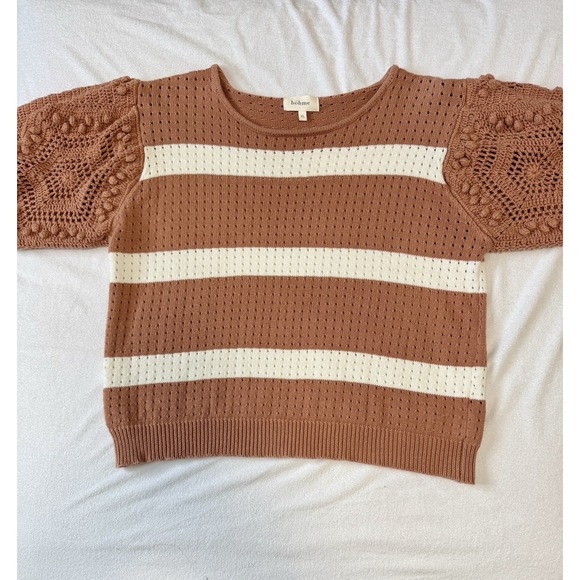 bohme Sweaters - Bohme Sweater, Women's, Brick & Cream, Crocheted Short Sleeves, X-Large